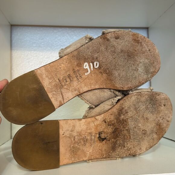 Stuart Weitzman Suede Crossover Slide Sandals Taupe Fringe Trim Minimalist - Picture 15 of 15